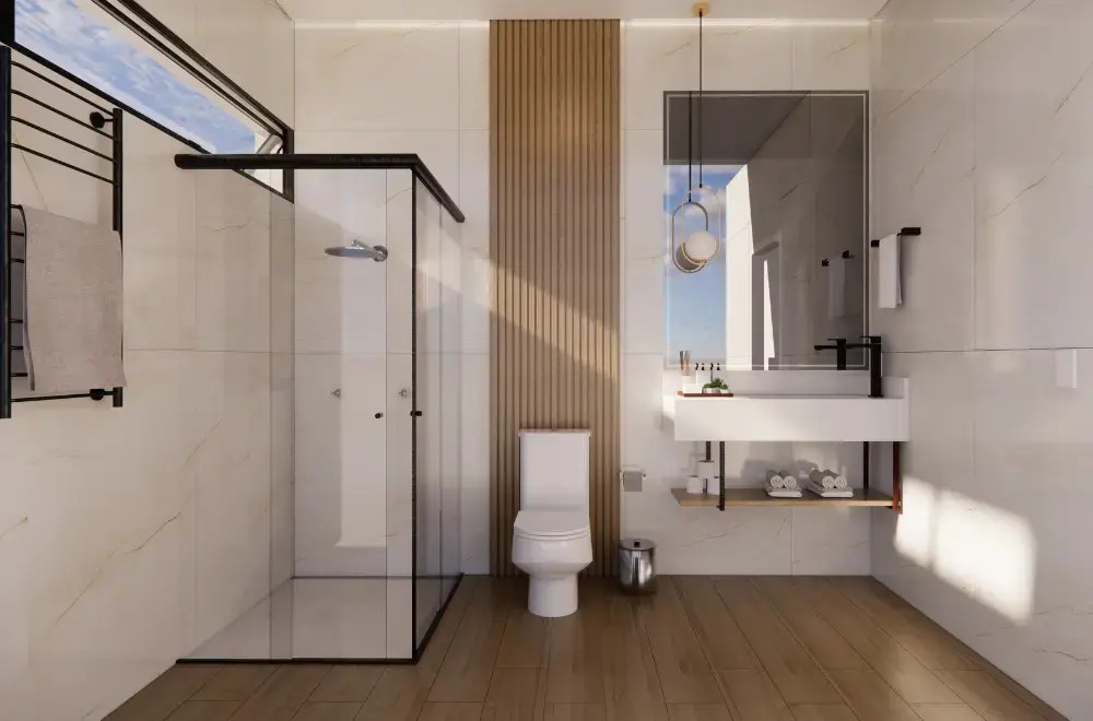 nowoczesna lazienka jasno drewniana z prysznicem