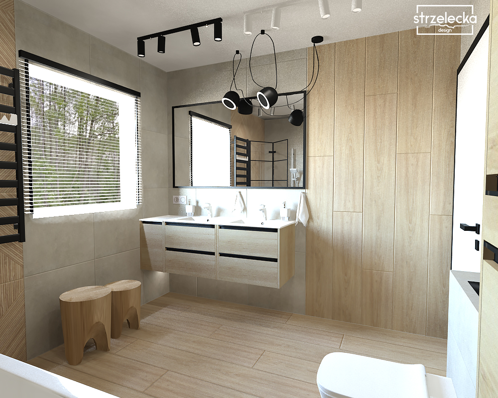 Minimalistyczna łazienka w drewnie, bieli i szarości