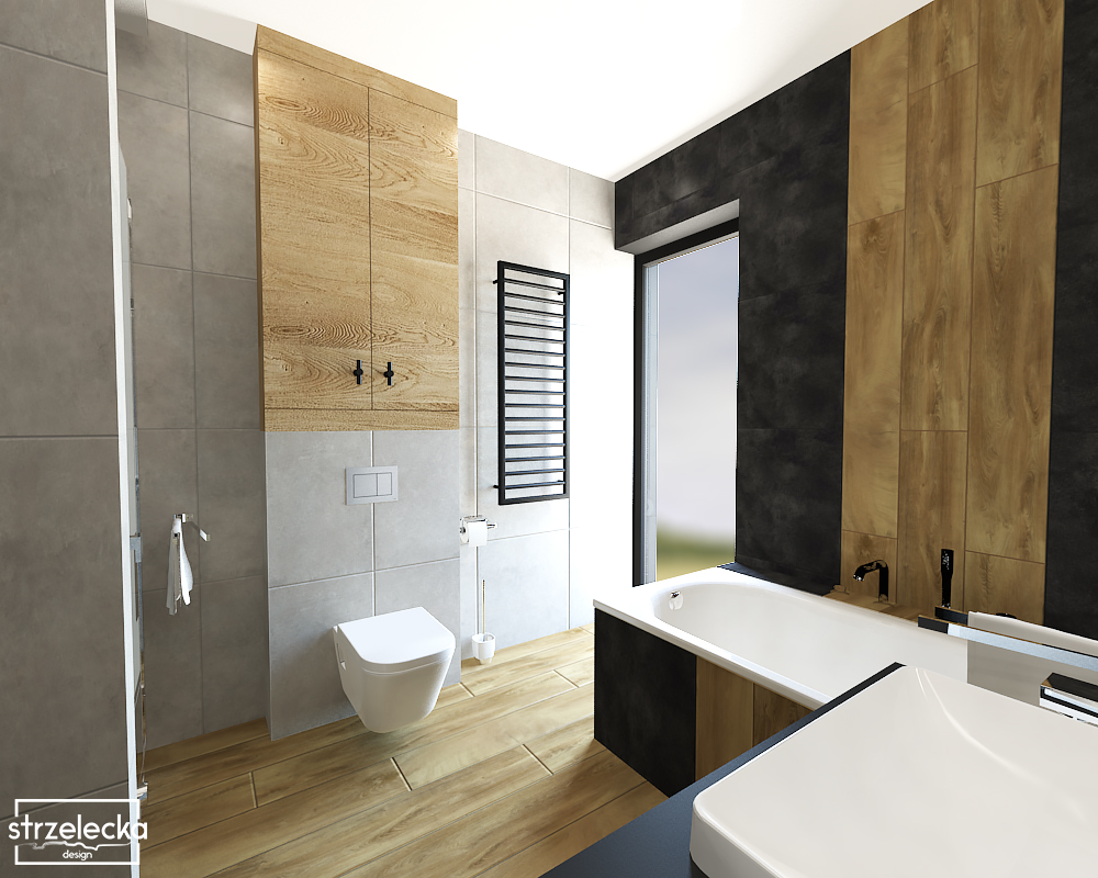 Czerń, szarość i drewno do nowoczesnej łazienki