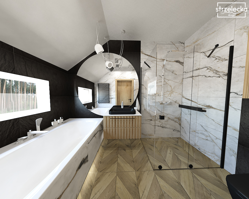 Łazienka z połączeniem marmuru i drewna