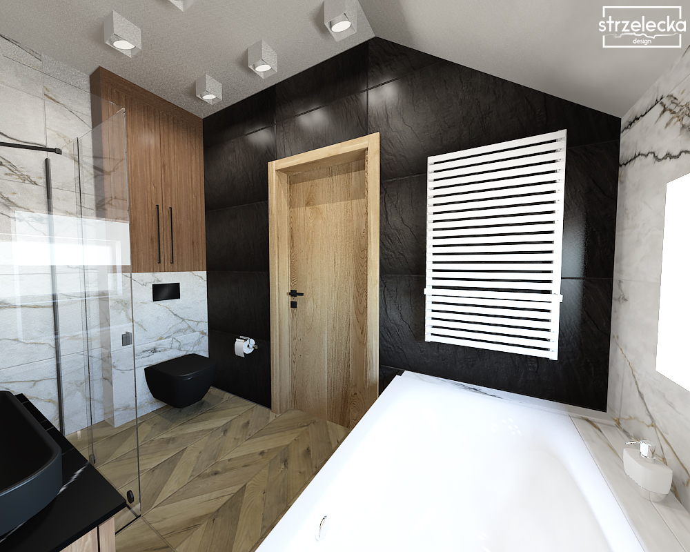 Łazienka w drewnie i marmurze projektu Strzelecka Design