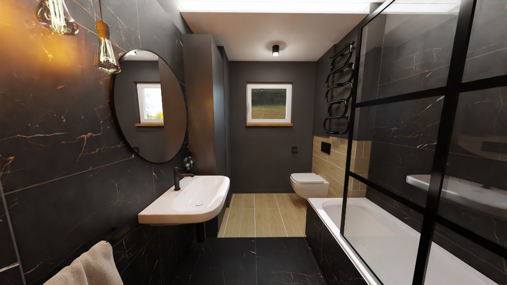 Minimalistyczna łazienka w ciemnych kolorach