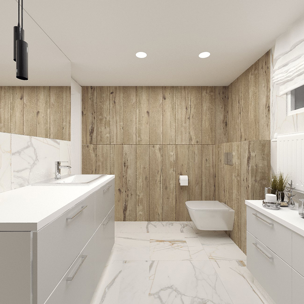 Marmur i drewno w jednej łazience. 
