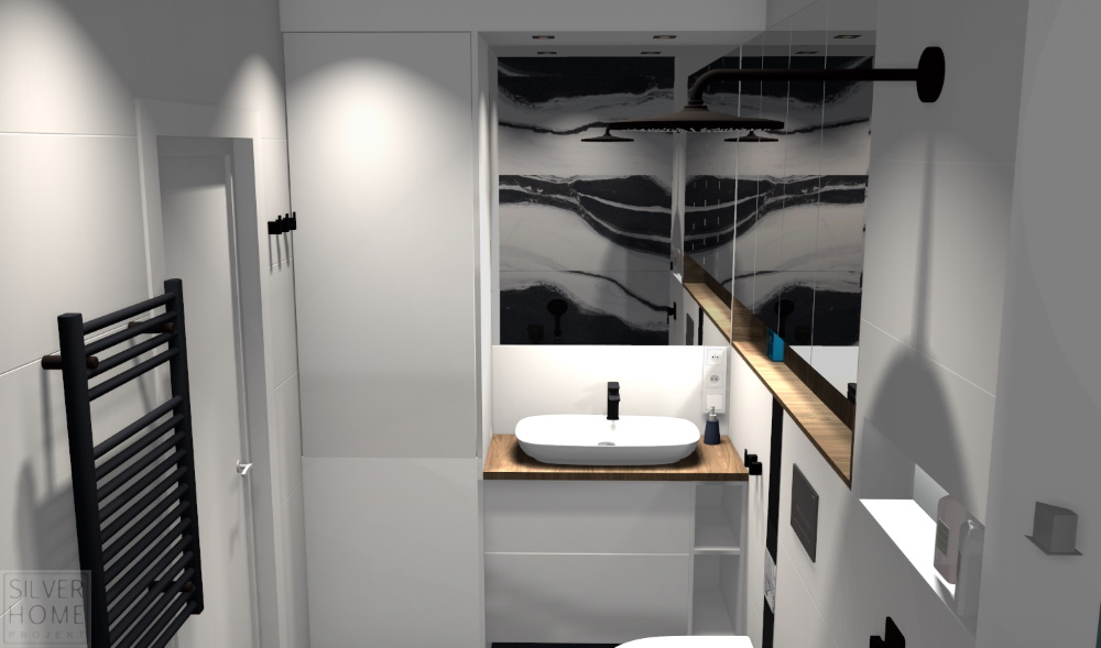 Biała łazienka z drewnianym akcentem