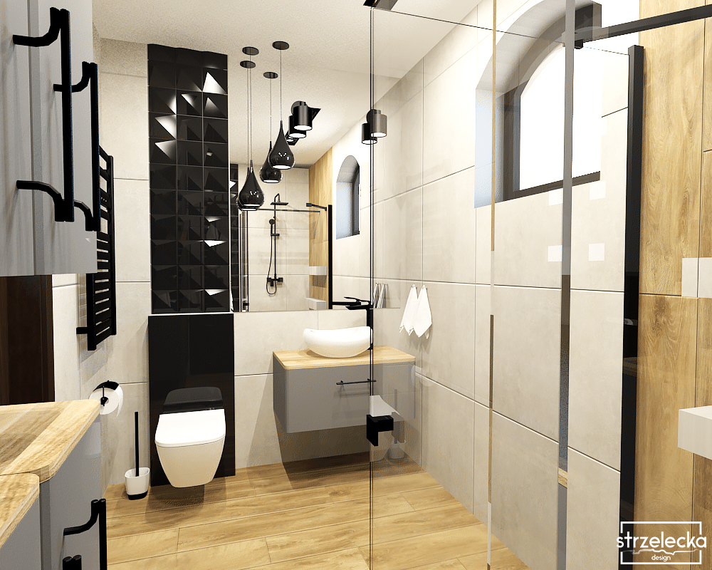 Minimalistyczna łazienka z biało-czarnymi płytkami