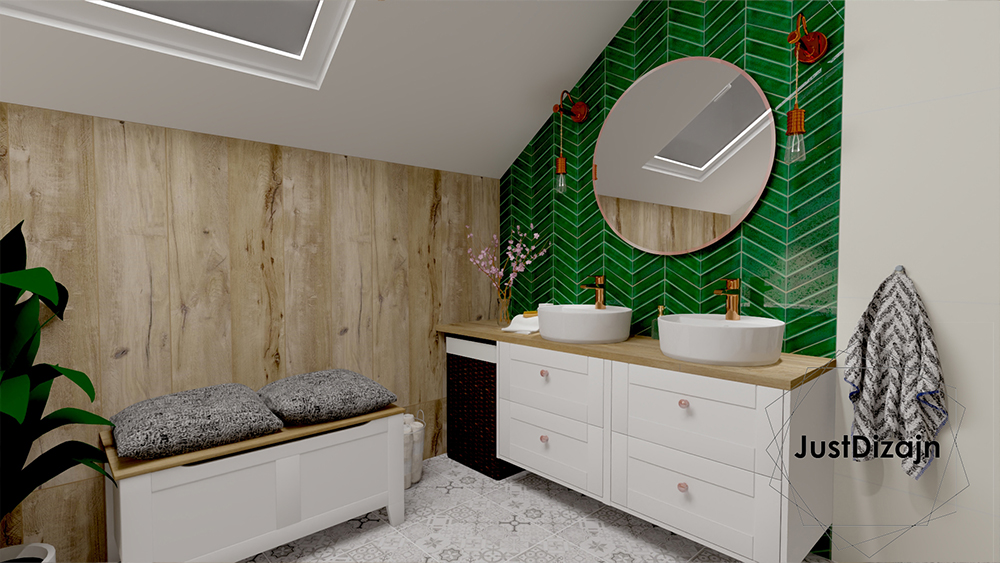 Eklektyczna łazienka w połączeniu drewna, bieli i zieleni