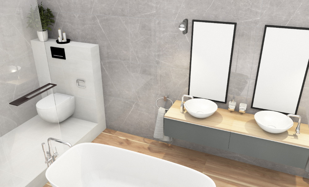 Skandynawska łazienka z wanną i prysznicem