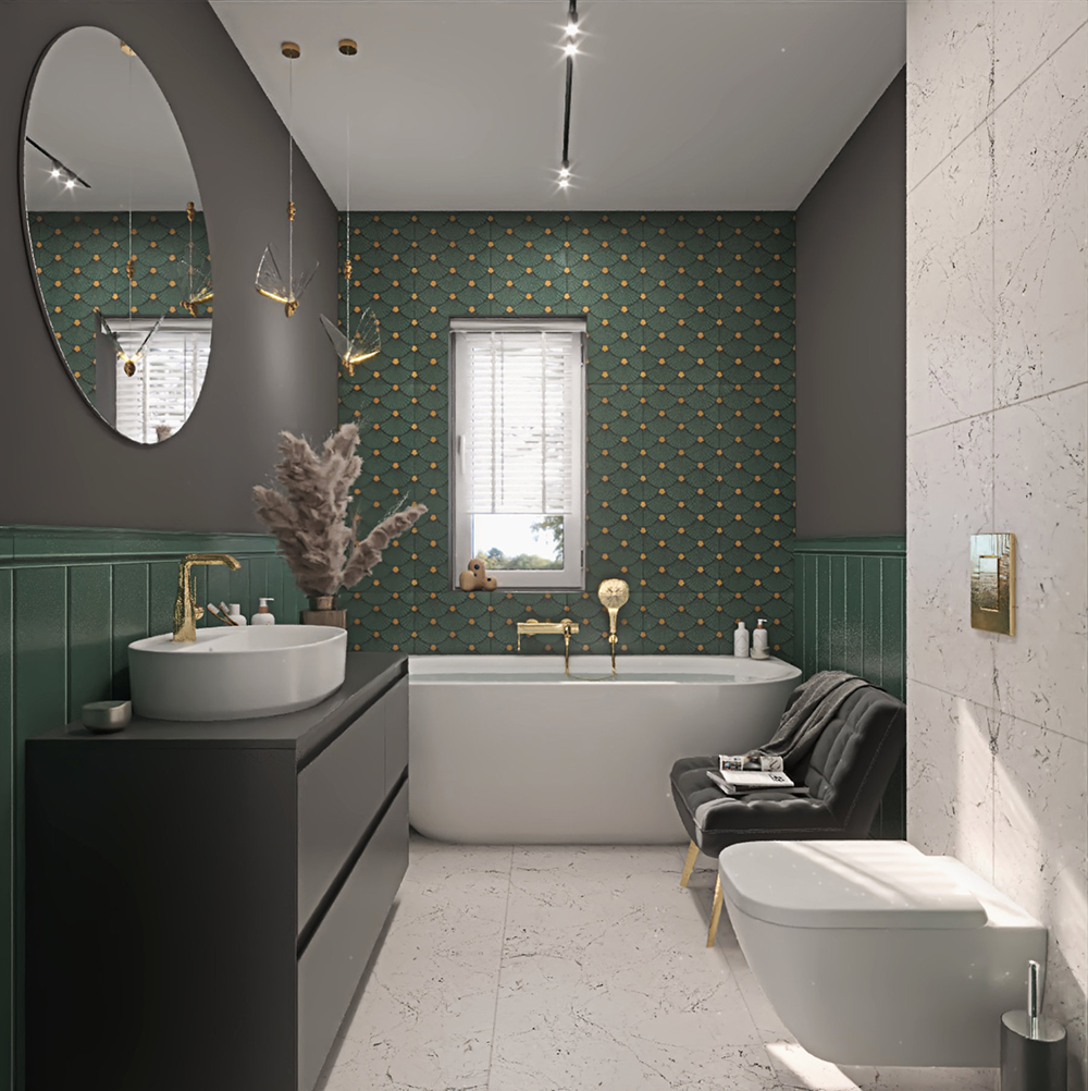 Szaro-zielona łazienka z wanną ze złotymi elementami