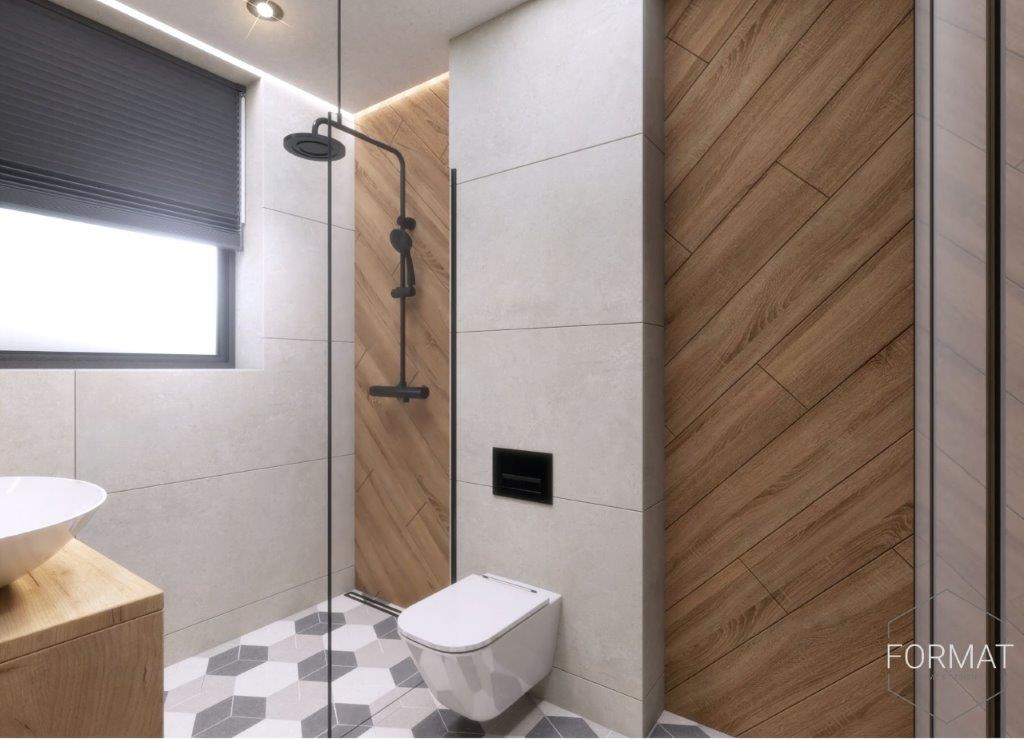 Aranżacja łazienki z drewnianymi płytkami na ścianie