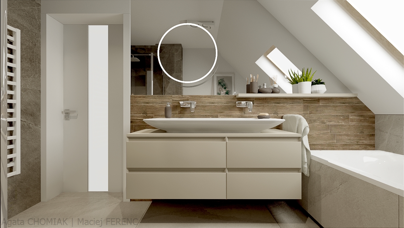 Ciepłe drewno i minimalistyczna szarość do nowoczesnej łazienki
