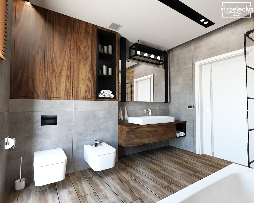 Łazienka z czarną kabiną – przytulna i nowoczesna