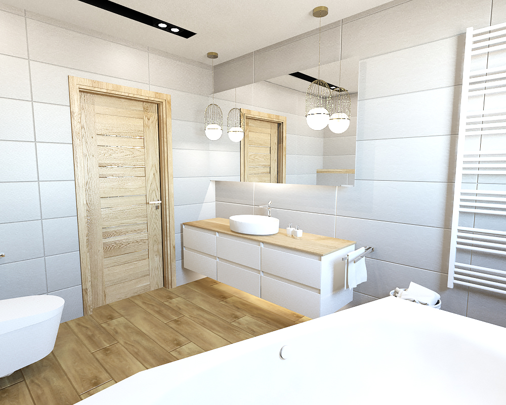 Drewno i biel w małej łazience
