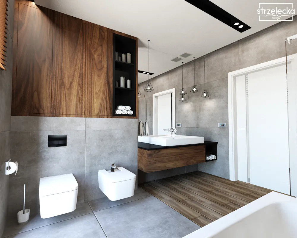 Wyjątkowa łazienka w ciemnym drewnie