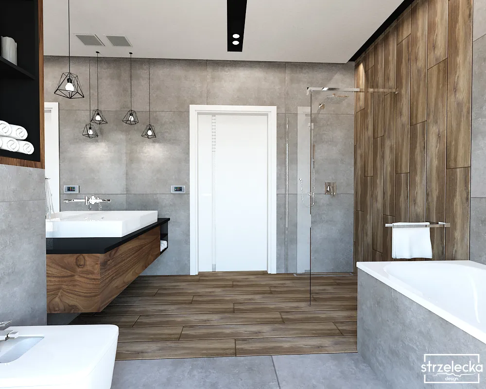 Wyjątkowa łazienka w ciemnym drewnie