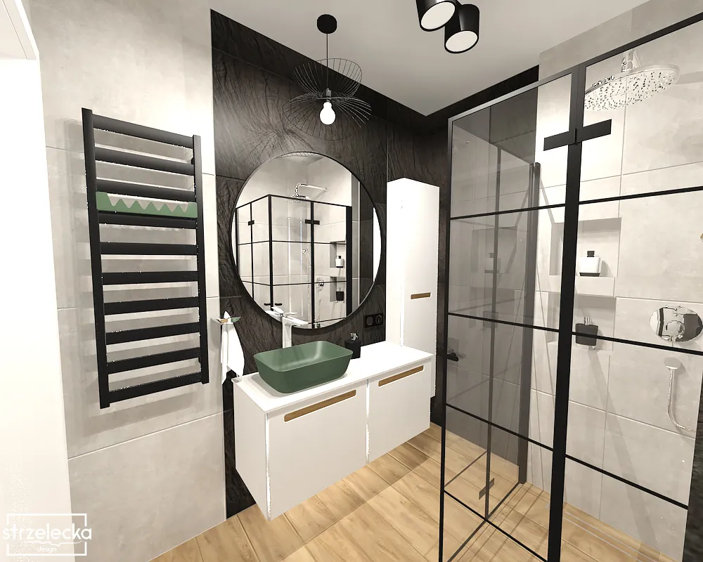 Industrialna łazienka z kolorowym akcentem