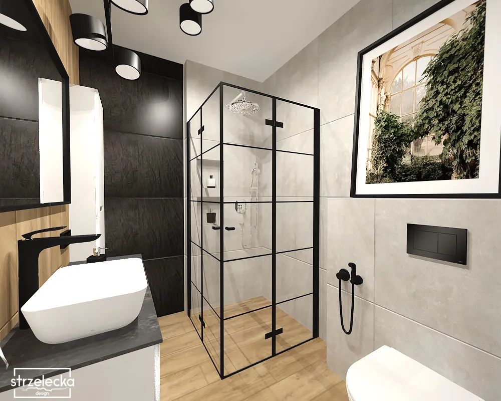 Industrialna biało czarna łazienka z elementami drewna