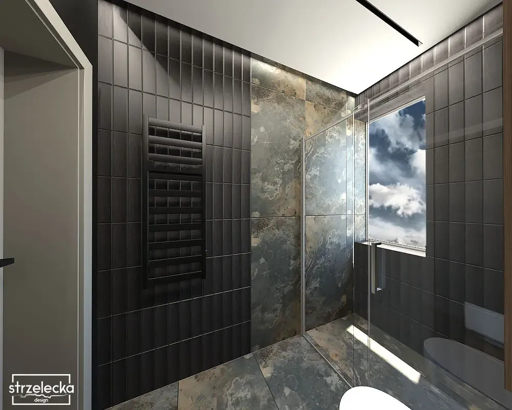 czarny grzejnik w małej łazience