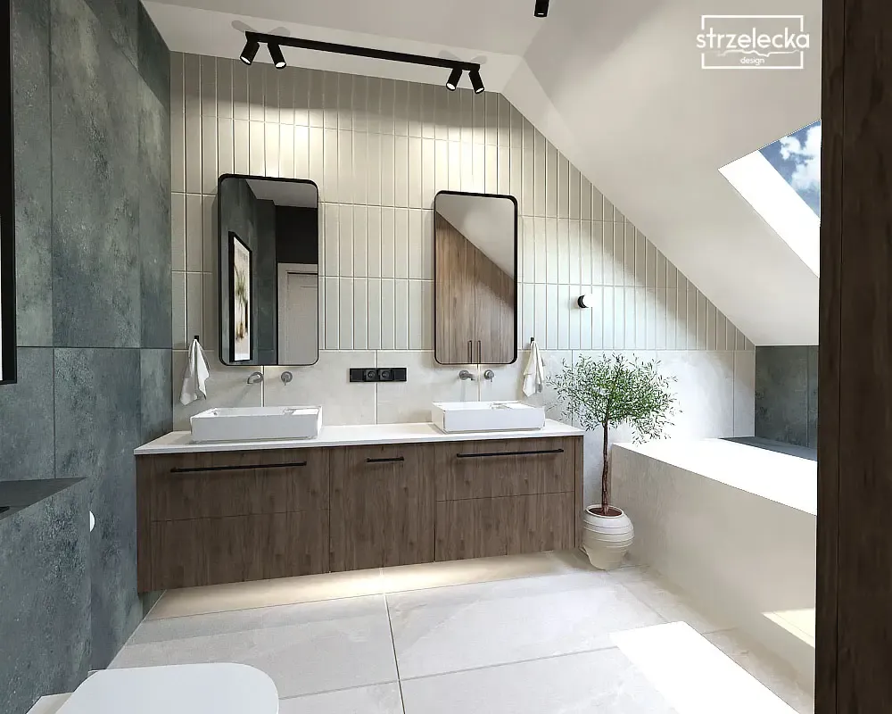 podw&oacute;jne umywalki z szafką w łazience z oknem dachowym