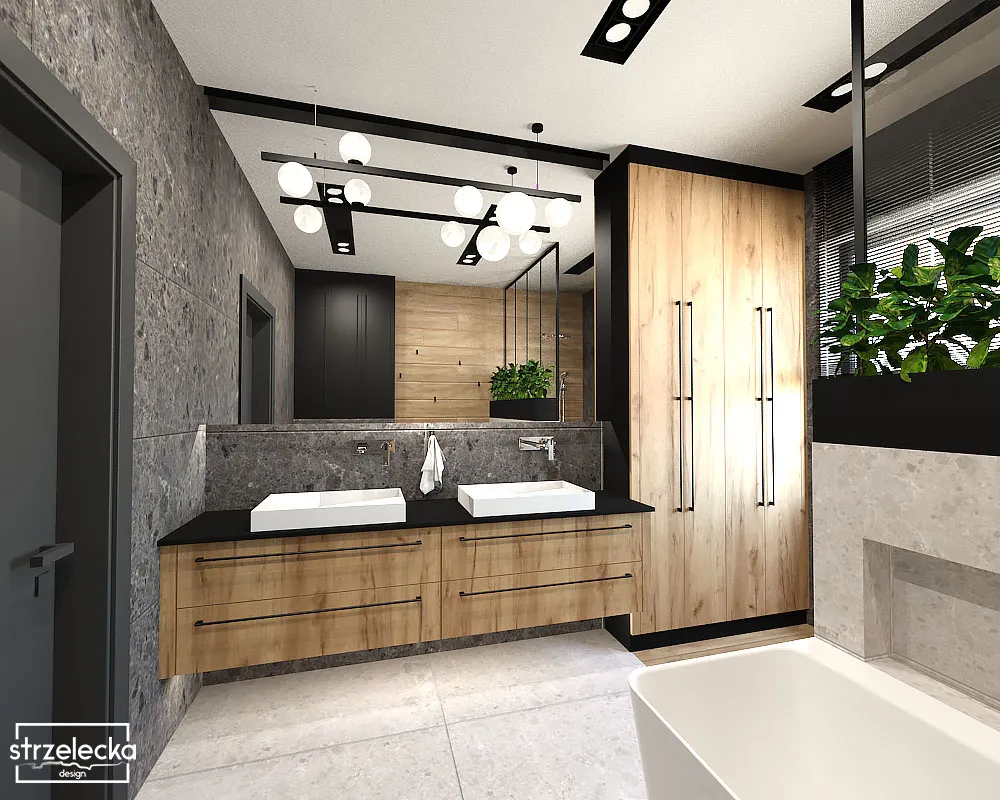 czarno - drewniana łazienka