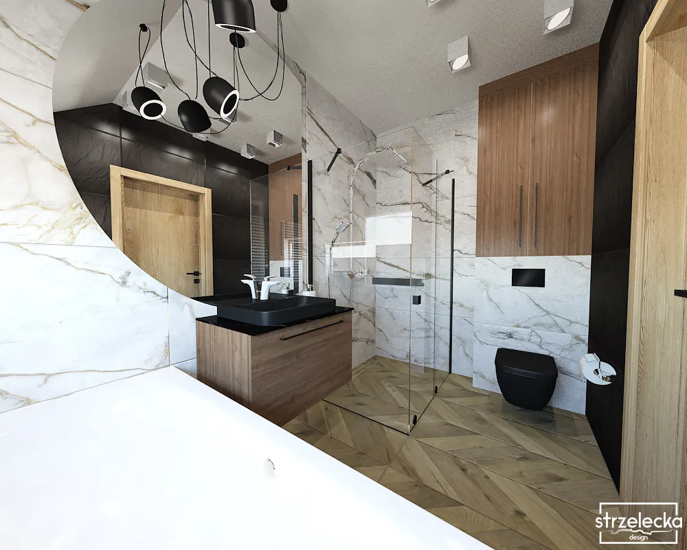 Połączenie jasnych i ciemnych płytek w aranżacji łazienki