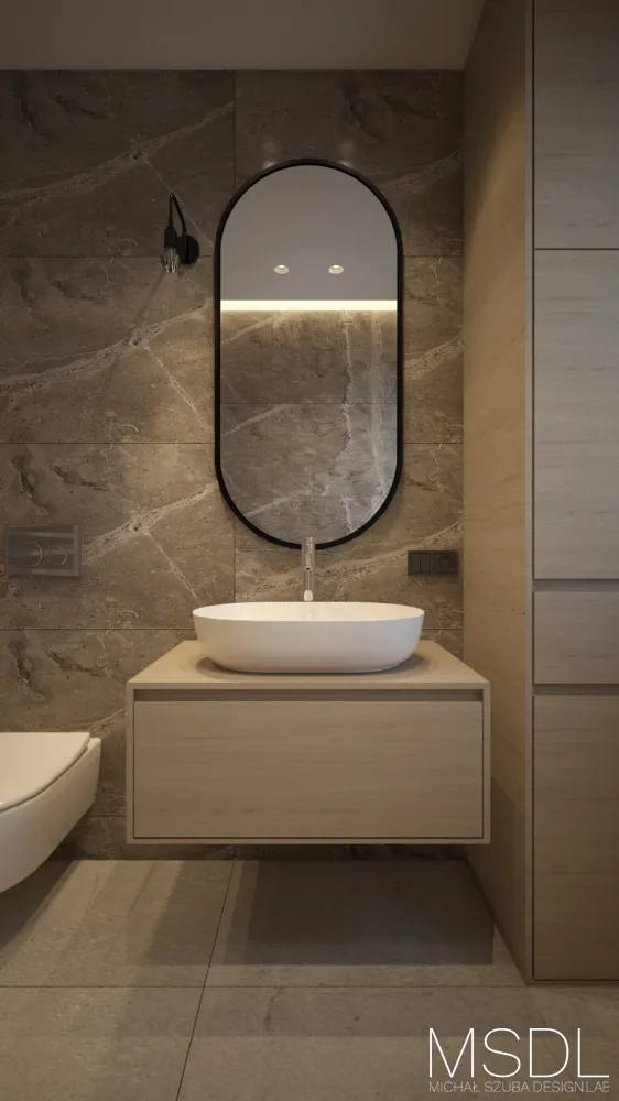 strefa umywalkowa z dużym lustrem