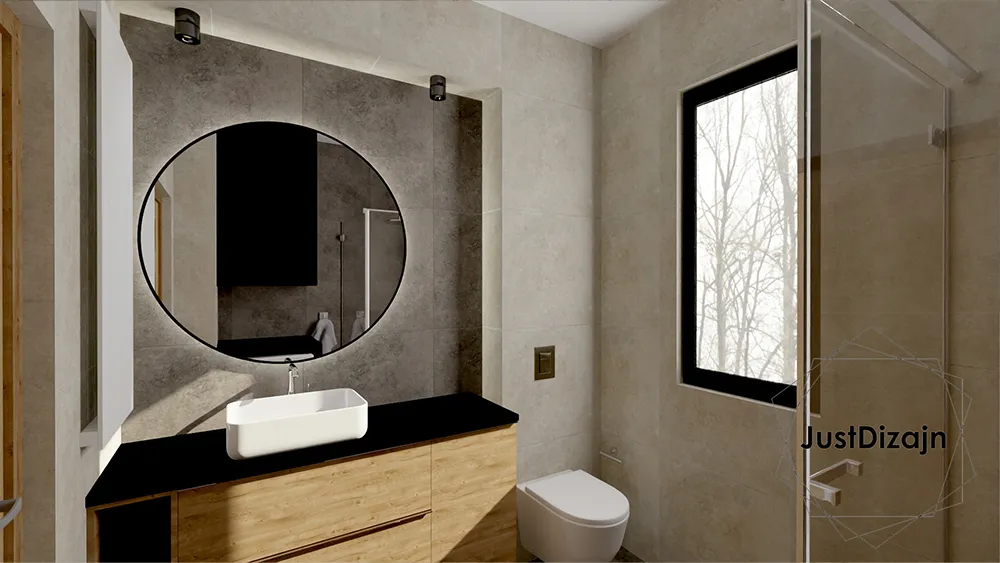 Minimalistyczna łazienka w drewnie i szarości