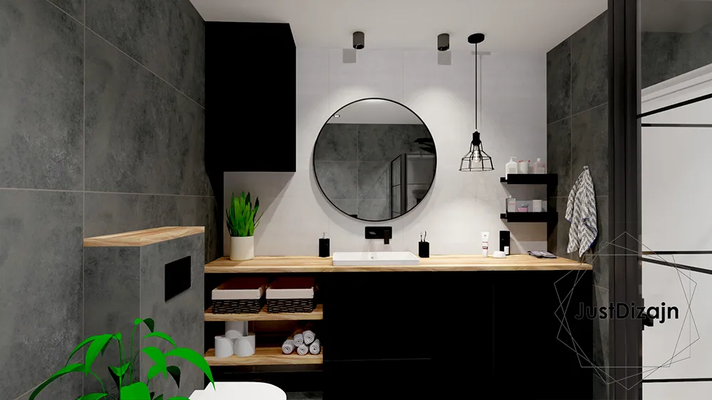 Szara łazienka z czarnymi meblami
