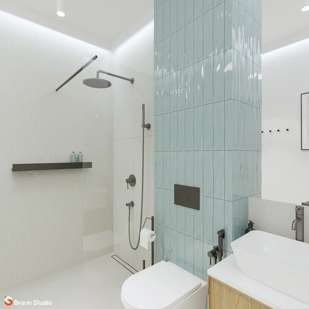 Modny pomysł na małą łazienkę dla gości w bieli, turkusie i drewnie