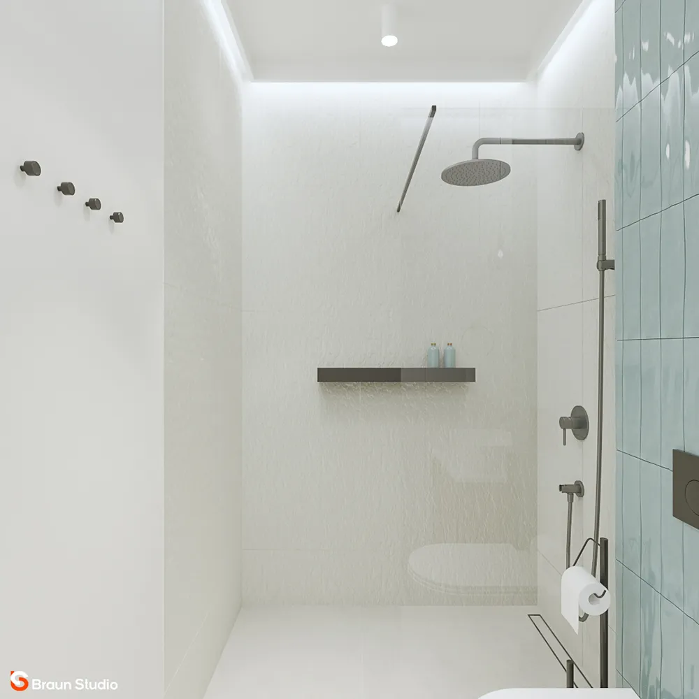 Modny pomysł na małą łazienkę dla gości w bieli, turkusie i drewnie