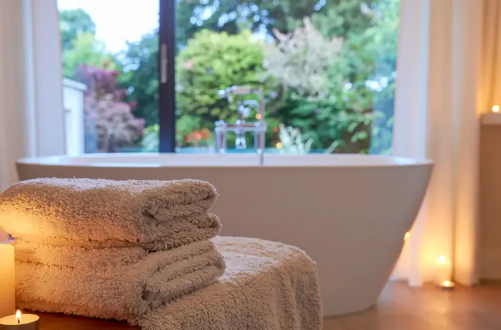 łazienka z dużym oknem i wanną wolnostojącą