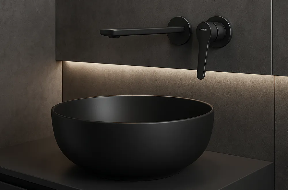 czarna umywalka i bateria w kolorze czarnym