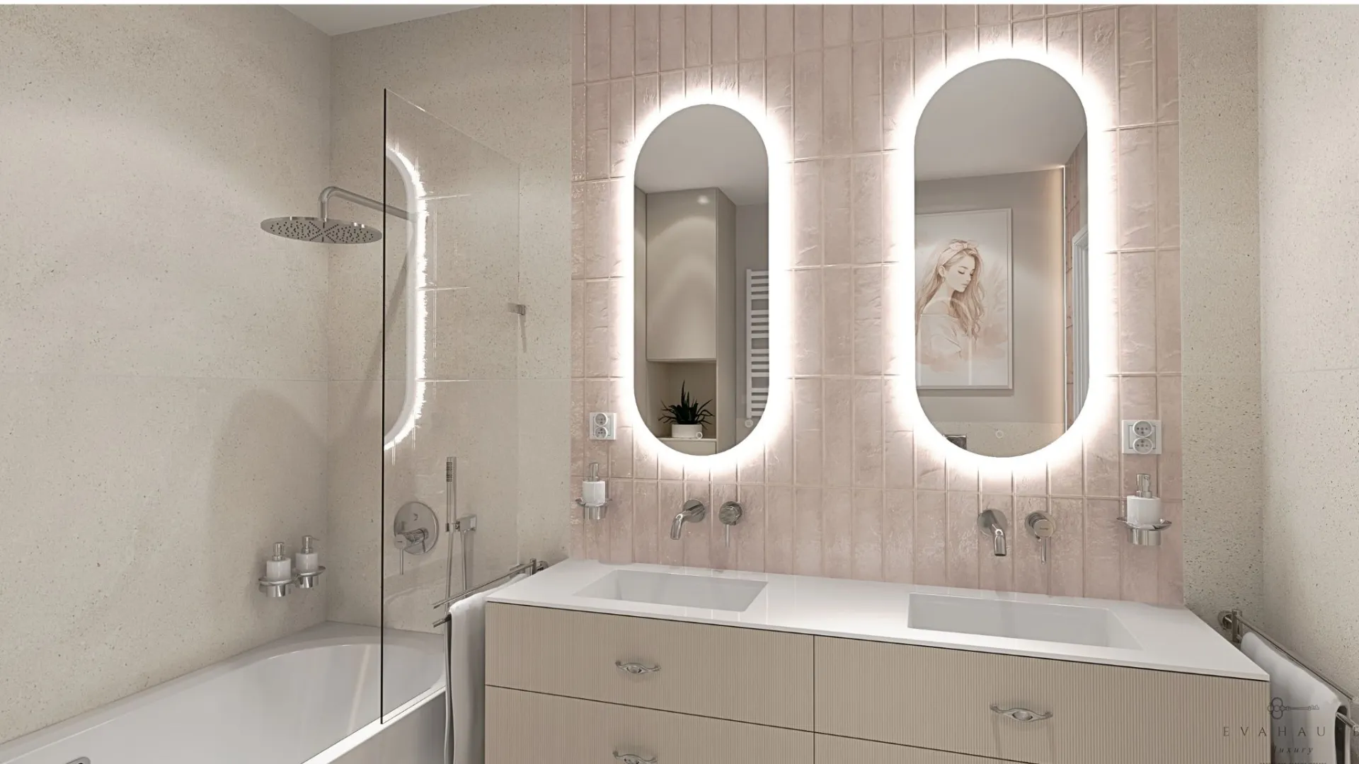 podwojna umywalka z lustrami i rozowe plytki