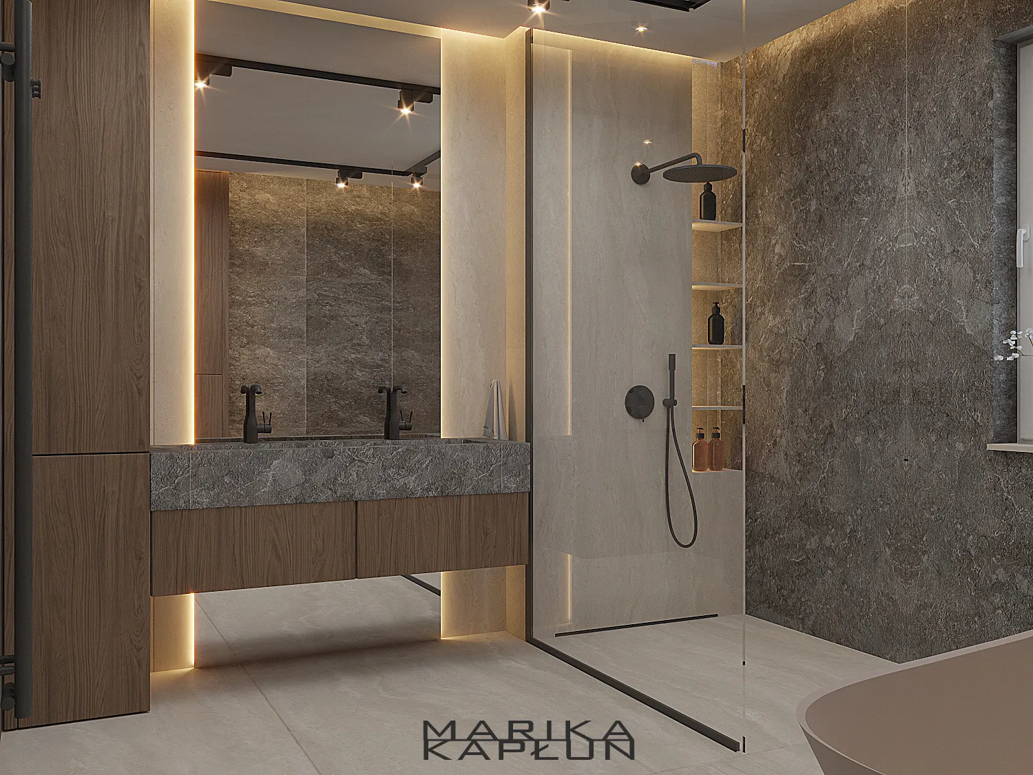 łazienka drewno, kamień beż umywalka i prysznic