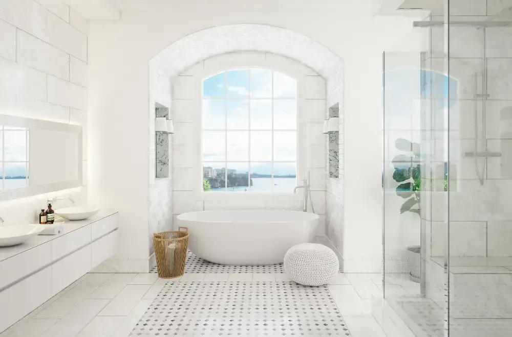 biała łazienka z wanna i prysznicem