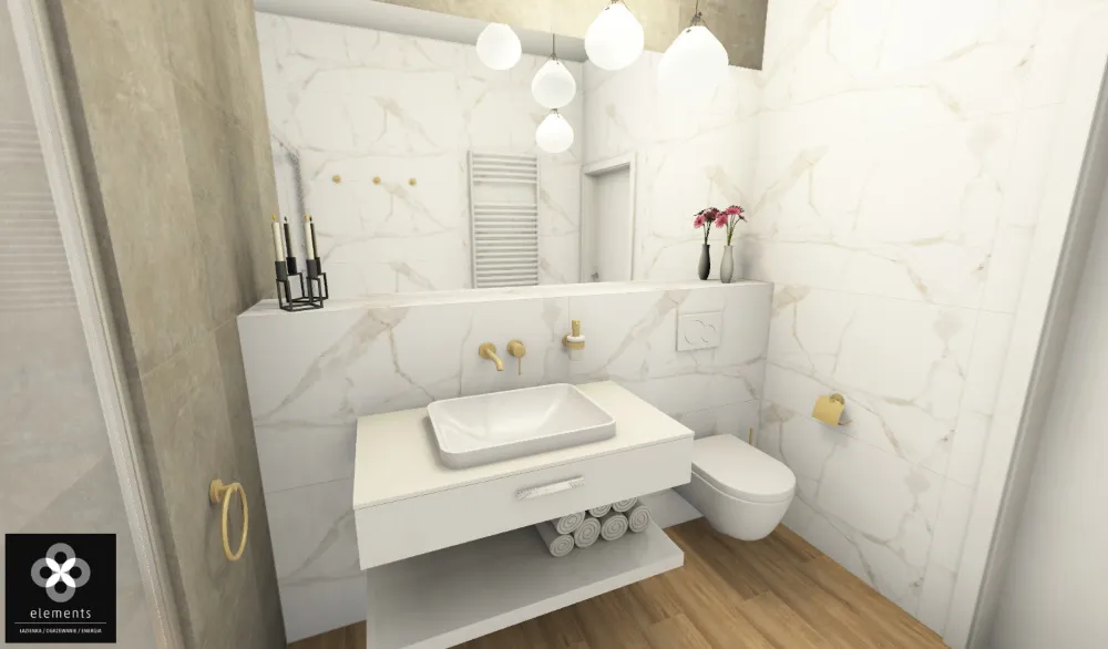 jasna łazienka ze złotymi detalami