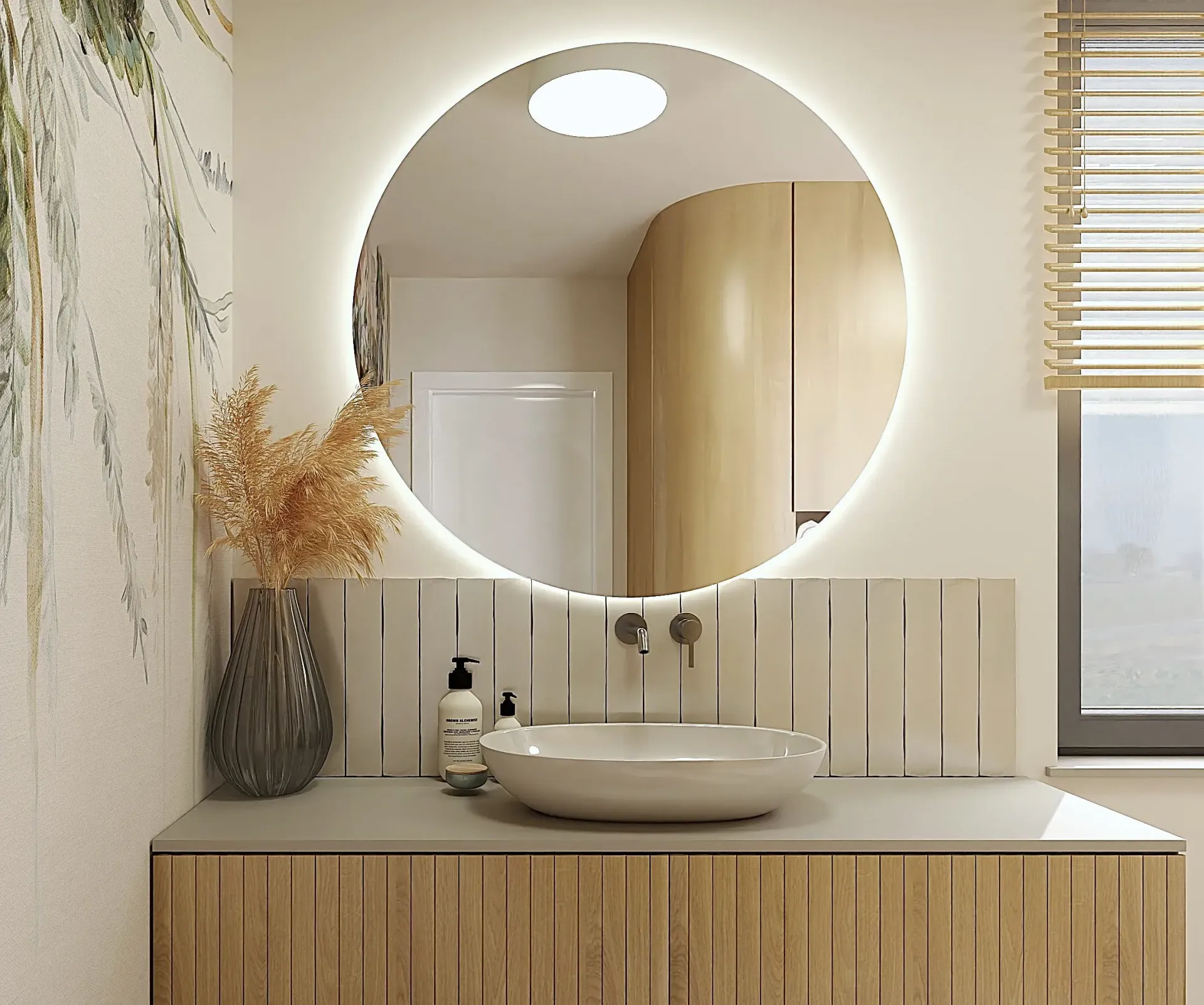 ryflowane szafki podumywalkowe i duże lustro nad umywalka