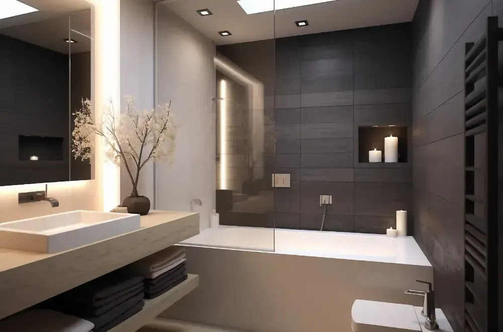 ciemno bezowa lazienka z zabudowana wanna