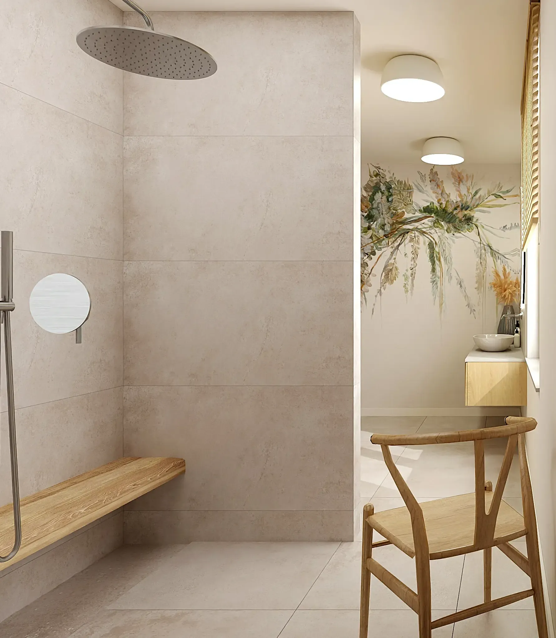 przestronny prysznic z ławką