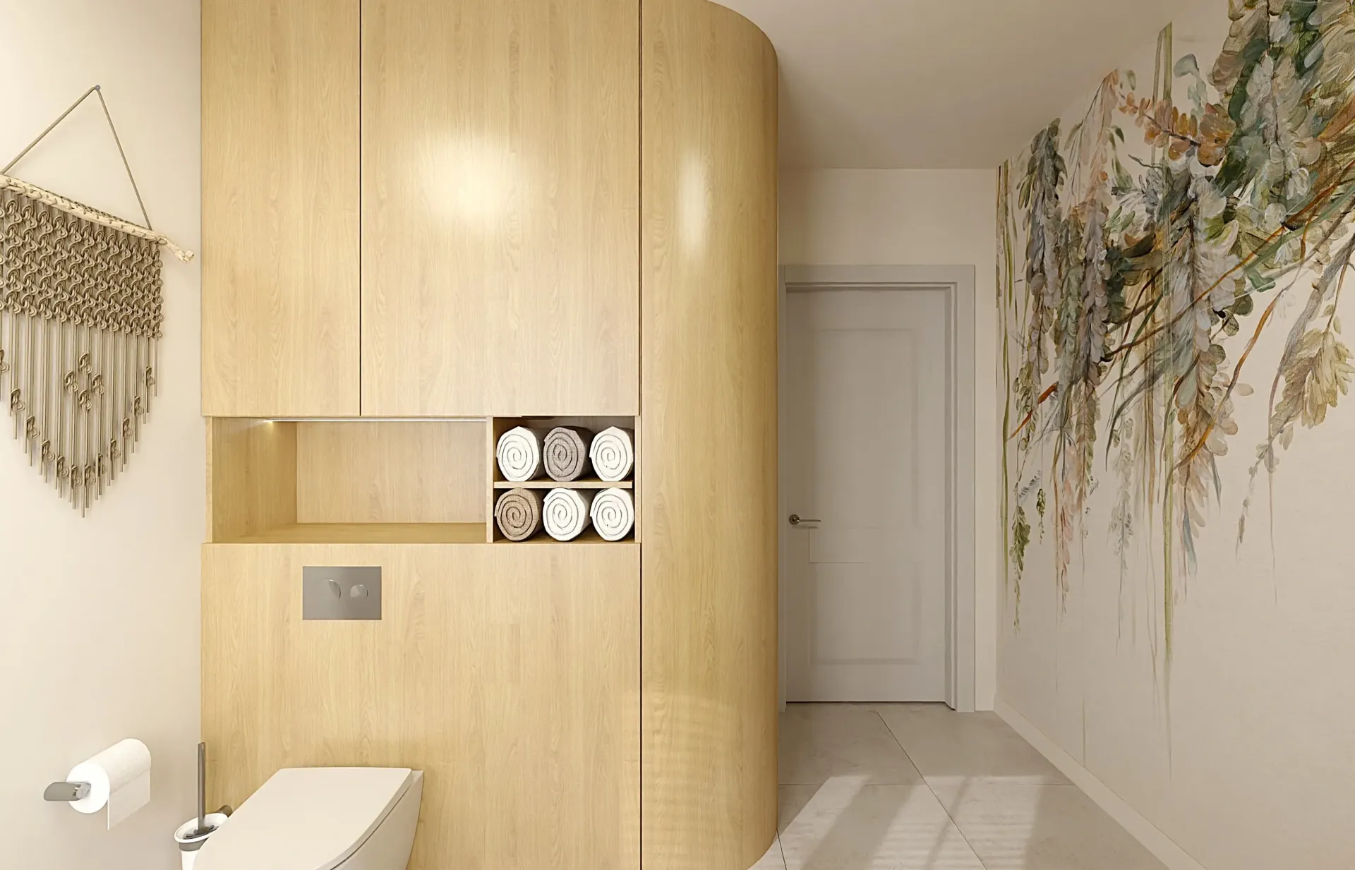 łazienka z drewnianą zabudową i kwiatową tapetą