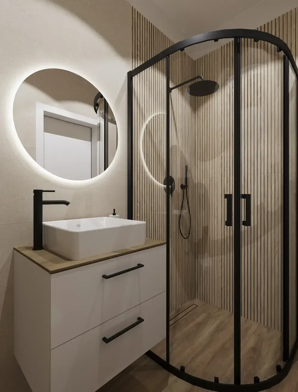 drewno i czerń w łazience