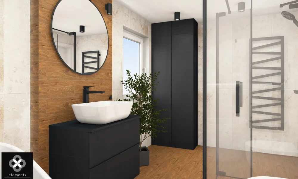 Industrialna łazienka z czarnymi akcentami