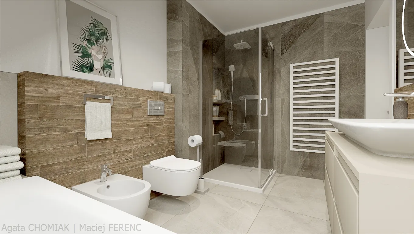 Ciepłe drewno i minimalistyczna szarość do nowoczesnej łazienki
