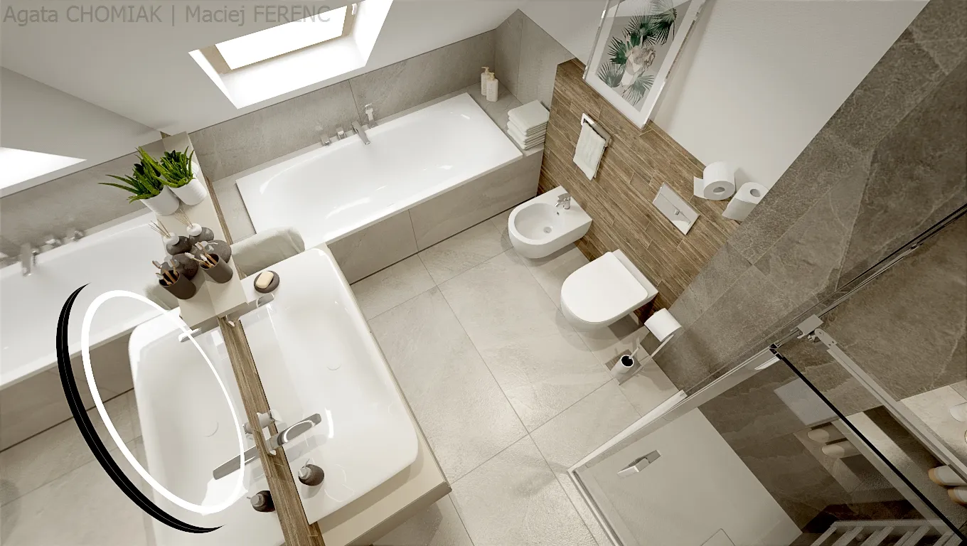 Ciepłe drewno i minimalistyczna szarość do nowoczesnej łazienki