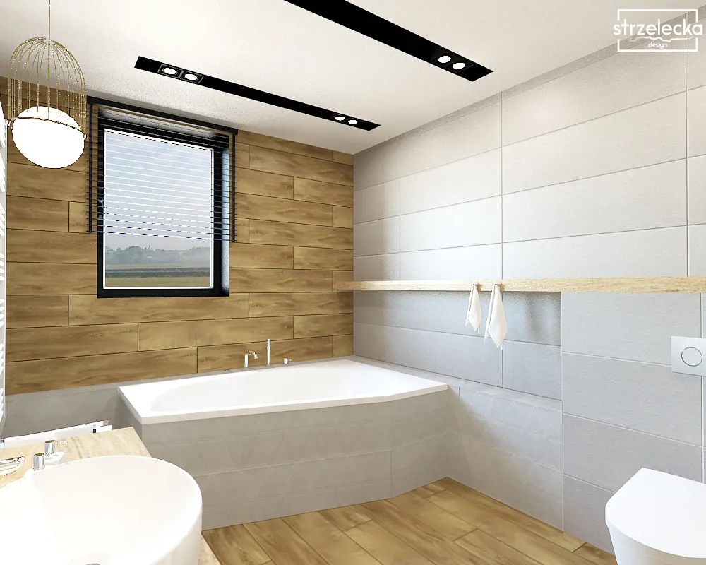 Drewno i biel w małej łazience