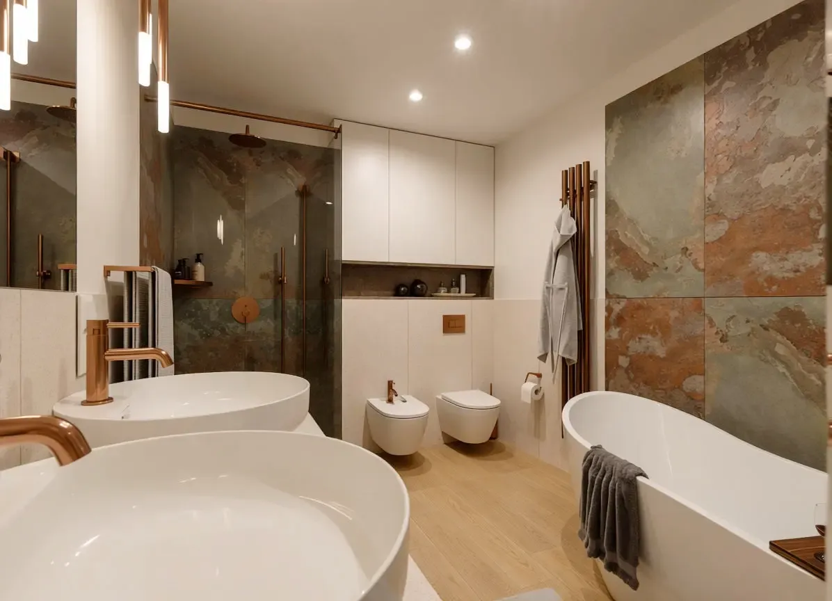 nowoczesna lazienka z plytkami wieloformatowymi