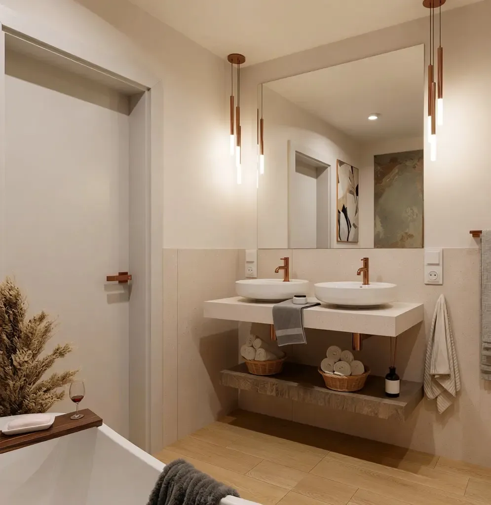 podw&oacute;jne umywalki białe z miedziana bateria