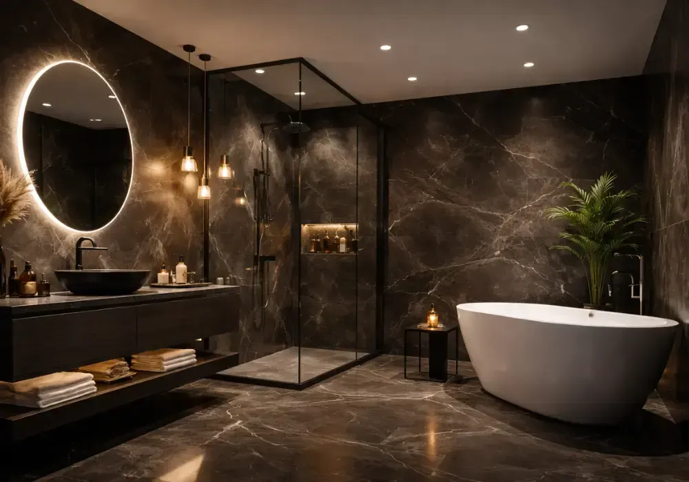materiały w ciemnej łazience