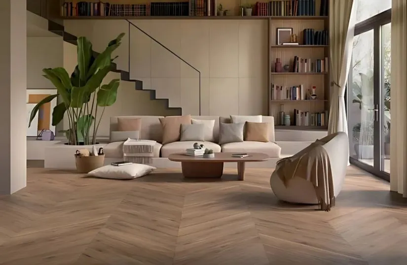 Płytki w salonie drewno jodełka