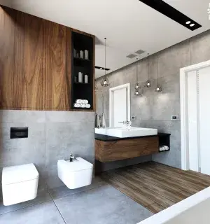 Wyjątkowa łazienka w ciemnym drewnie