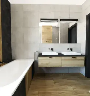 Czerń, szarość i drewno do nowoczesnej łazienki